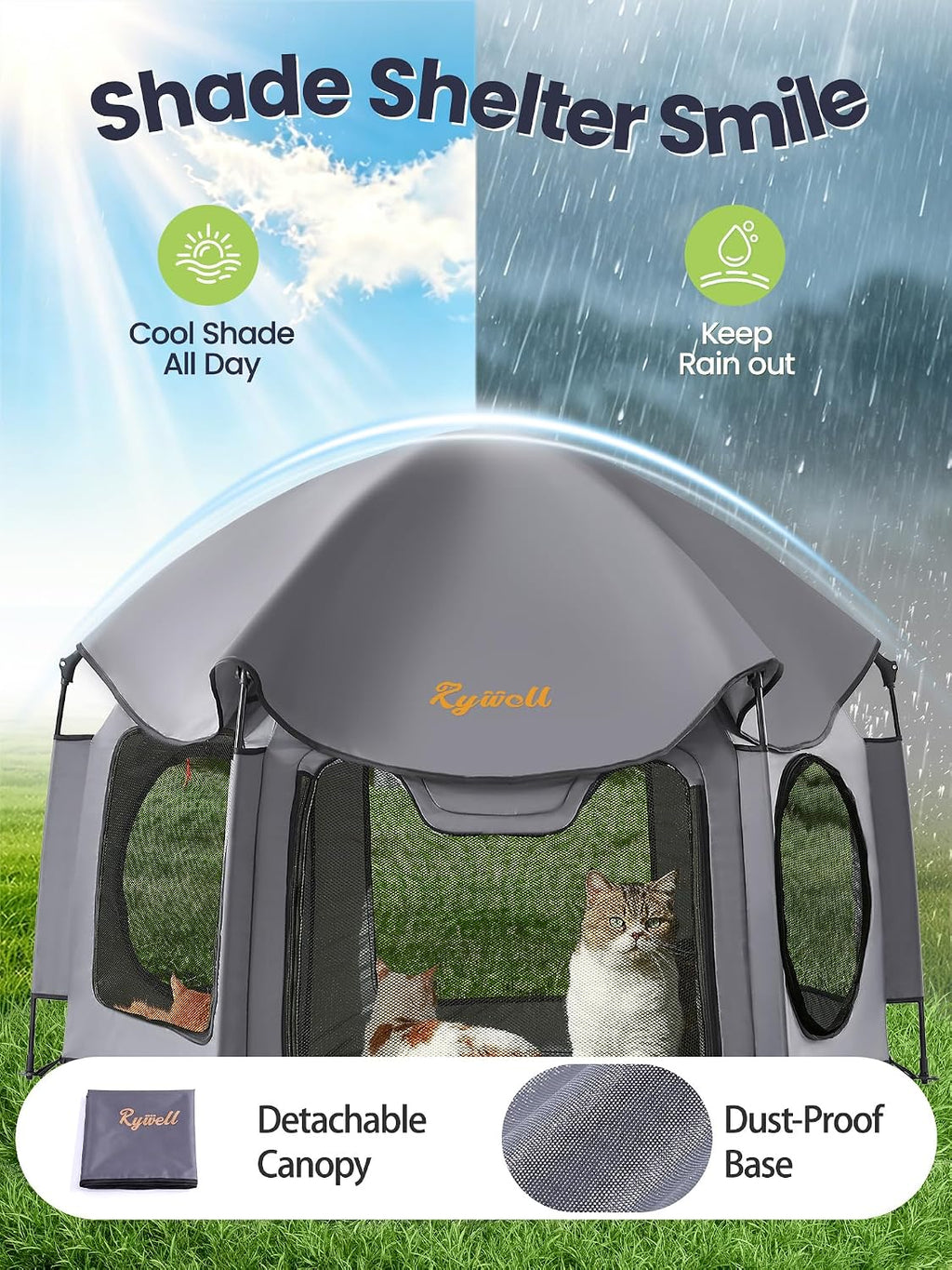 Catio Outdoor Cat Enclosure, Rywell 55” Extra Large Catio Pop Up Indoor Outdoor, Portable Cat Playpen Weatherproof