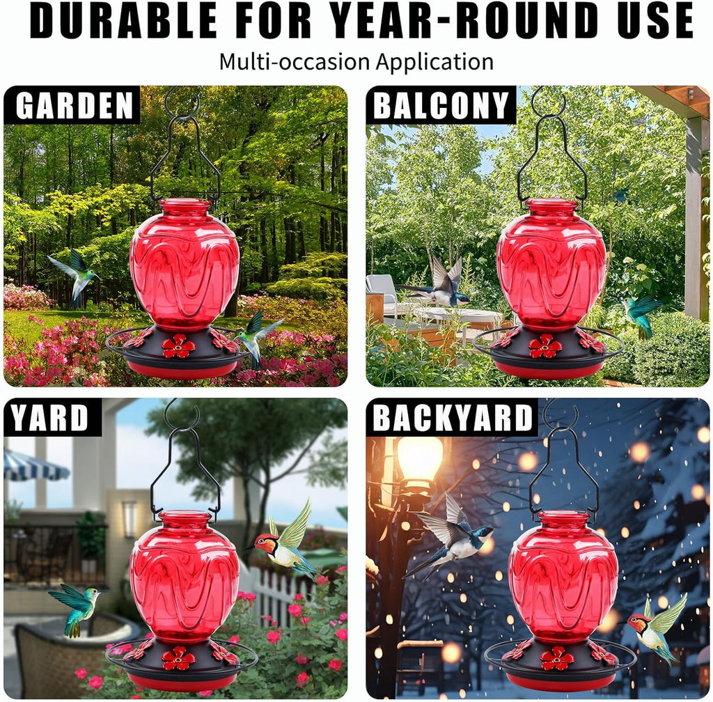 Glass Hummingbird Feeder for Outdoors Hanging, 24Ozs Humming Bird Nectar Feeder w/Perch, 5 Flower Feeding Ports, Leak