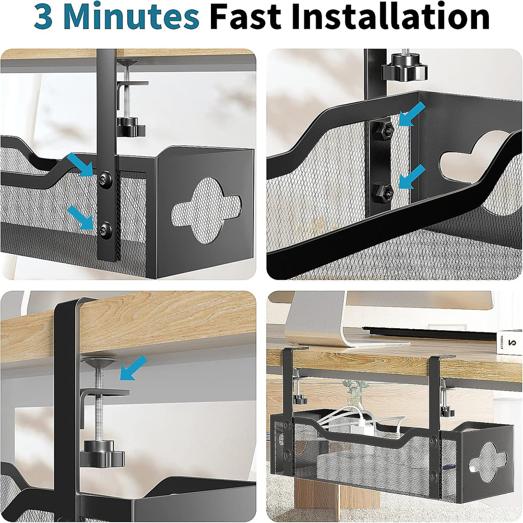 Under Desk Cable Management Tray No Drill, Metal Mesh Cable Management Under Desk with Clamp Mount, 2 Hole Cable Tray