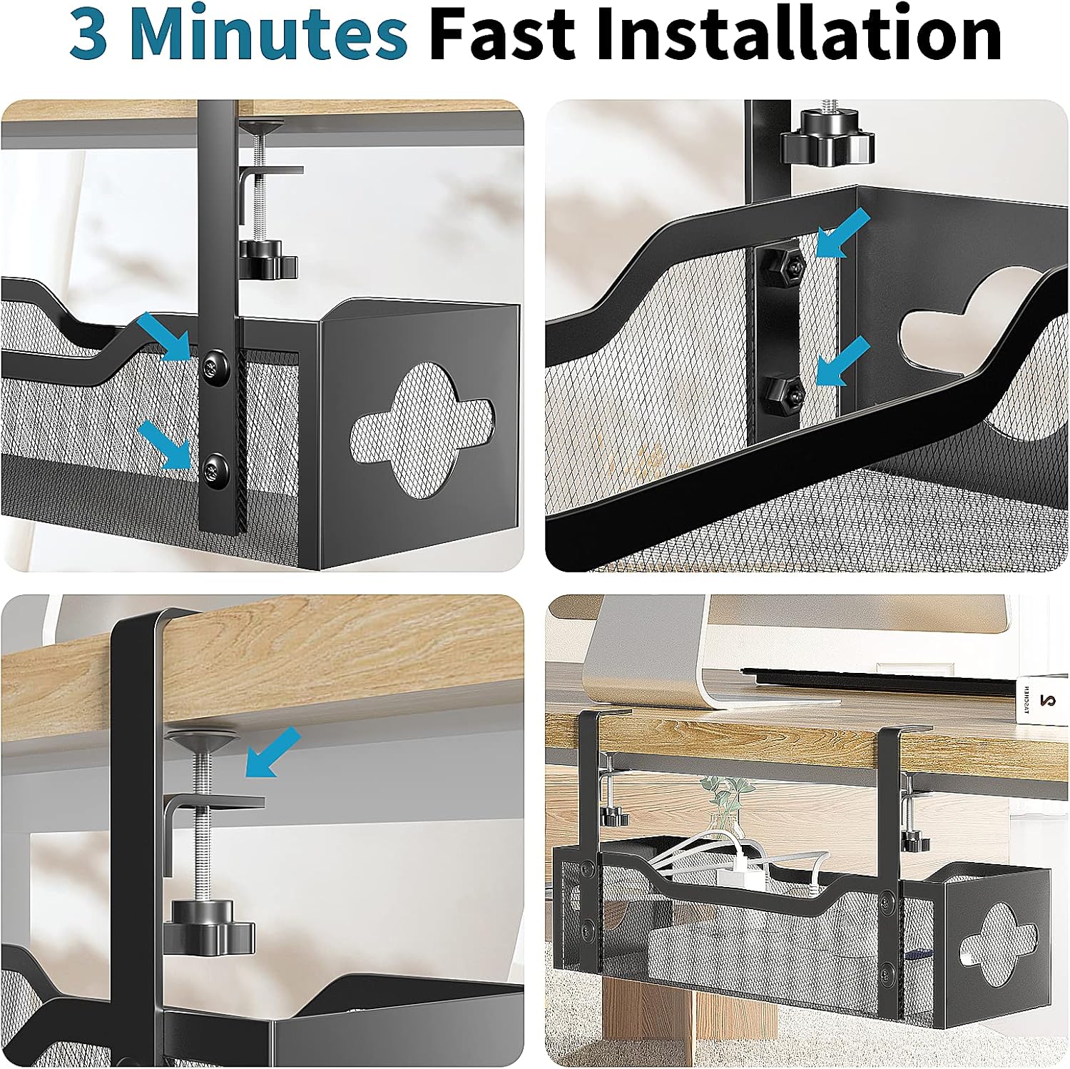 Under Desk Cable Management Tray No Drill, Metal Mesh Cable Management Under Desk with Clamp Mount, 2 Hole Cable Tray