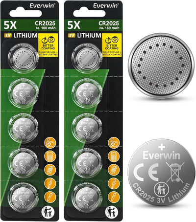 CR2025 Battery 10 Count Pack Child Secure Bitter Coating, Lithium Coin Cell for Key Fob, Remote, Watch, Glucose Meter