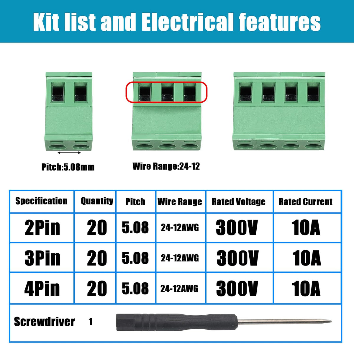 60Pcs 5.08mm Pluggable Screw Terminal Block 2P 3P 4P 300V 10A