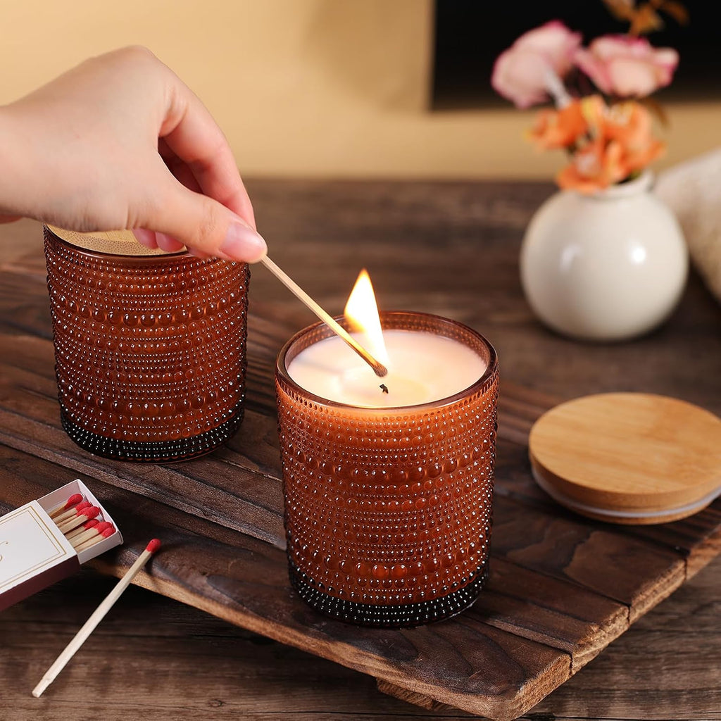 12 Pcs 10 oz Glass Candle Jars with Lids, Candle Tins-Amber | Thick Wall Ribbed Glass, Airtight Wood Lids- The go to