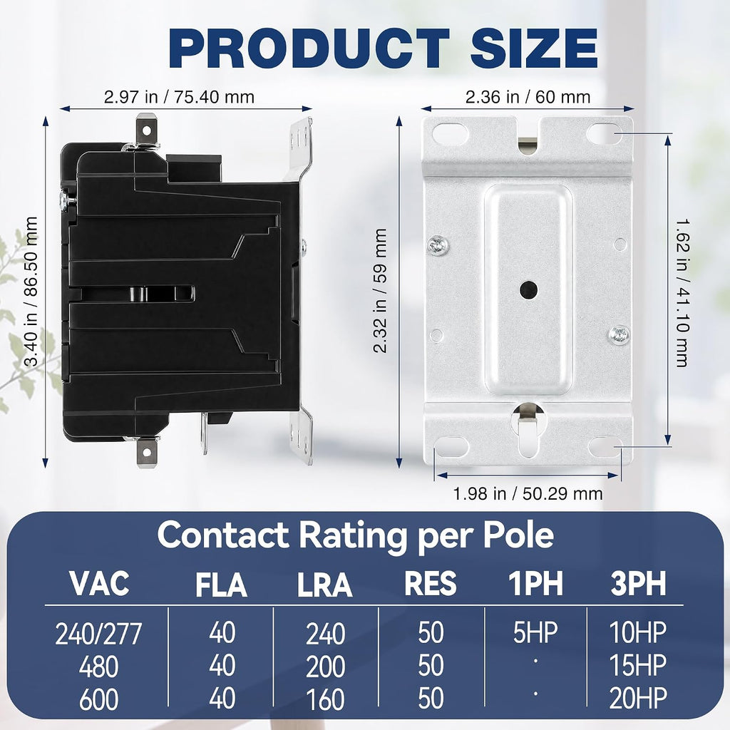 3 Pole 40 Amp Contactor 120VAC Coil, Air Conditioner Condenser Compressor Motor Magnetic Contactor, UL HVAC Definite