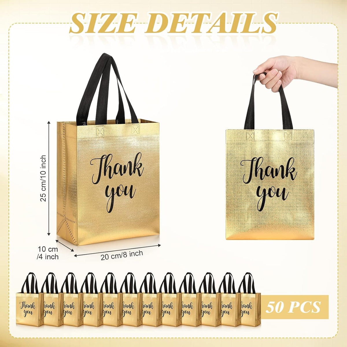 50 Pcs Gold Glossy Thank You Gift Bag with Handles