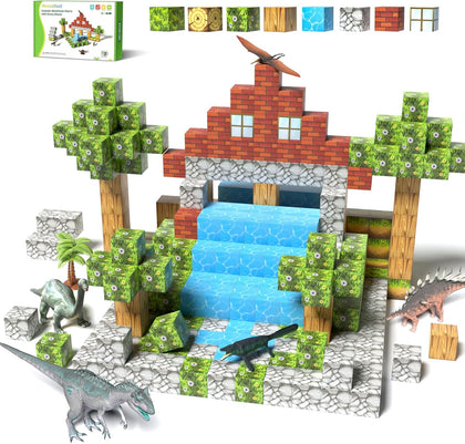 Magnetic Blocks 108PCS, Dinosaur Magnetic Building Blocks with 6 Dinosaur Figures, Magnetic Blocks for Kids Ages 3-5
