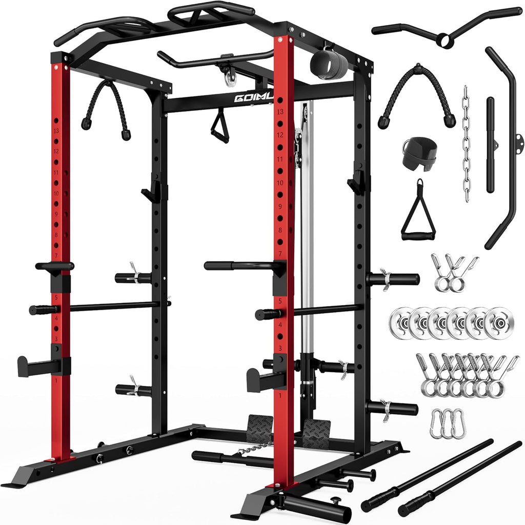 C1-V4 Power Cage, 2000LBS Squat Rack with LAT Pulldown, Multi-Function Weight Cage Strength Training Machine, Workout