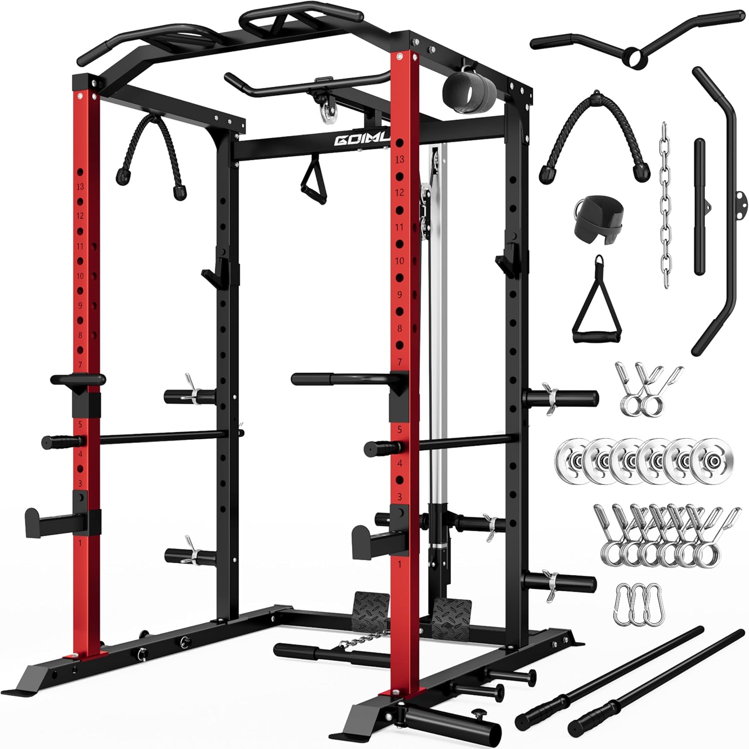 C1-V4 Power Cage, 2000LBS Squat Rack with LAT Pulldown, Multi-Function Weight Cage Strength Training Machine, Workout