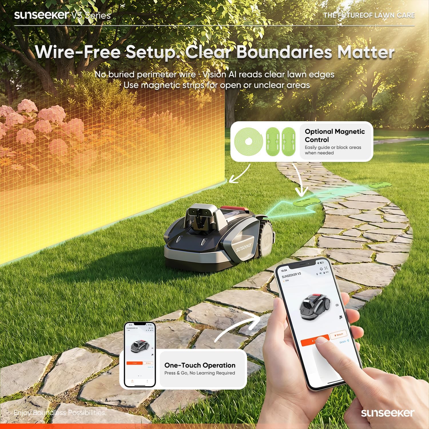 V3 Robot Lawn Mower, Vision AI, 0.15 Acre, Wire-Free | Easy routine mowing for first-time robot mower owners with