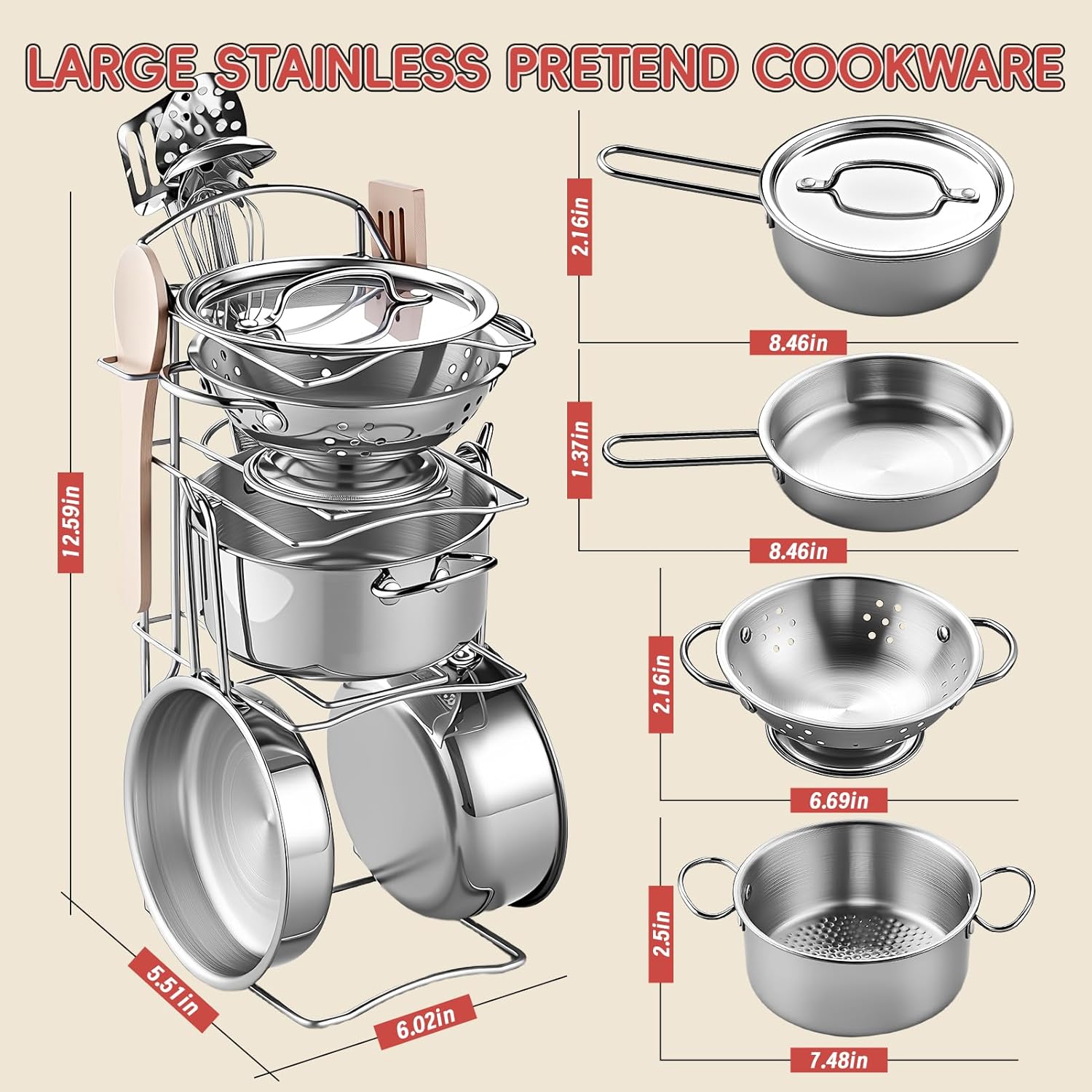 Play Kitchen Accessories, Large Stainless Steel Toddler Cooking Set, Kids Kitchen Playset with Cutting Play Food