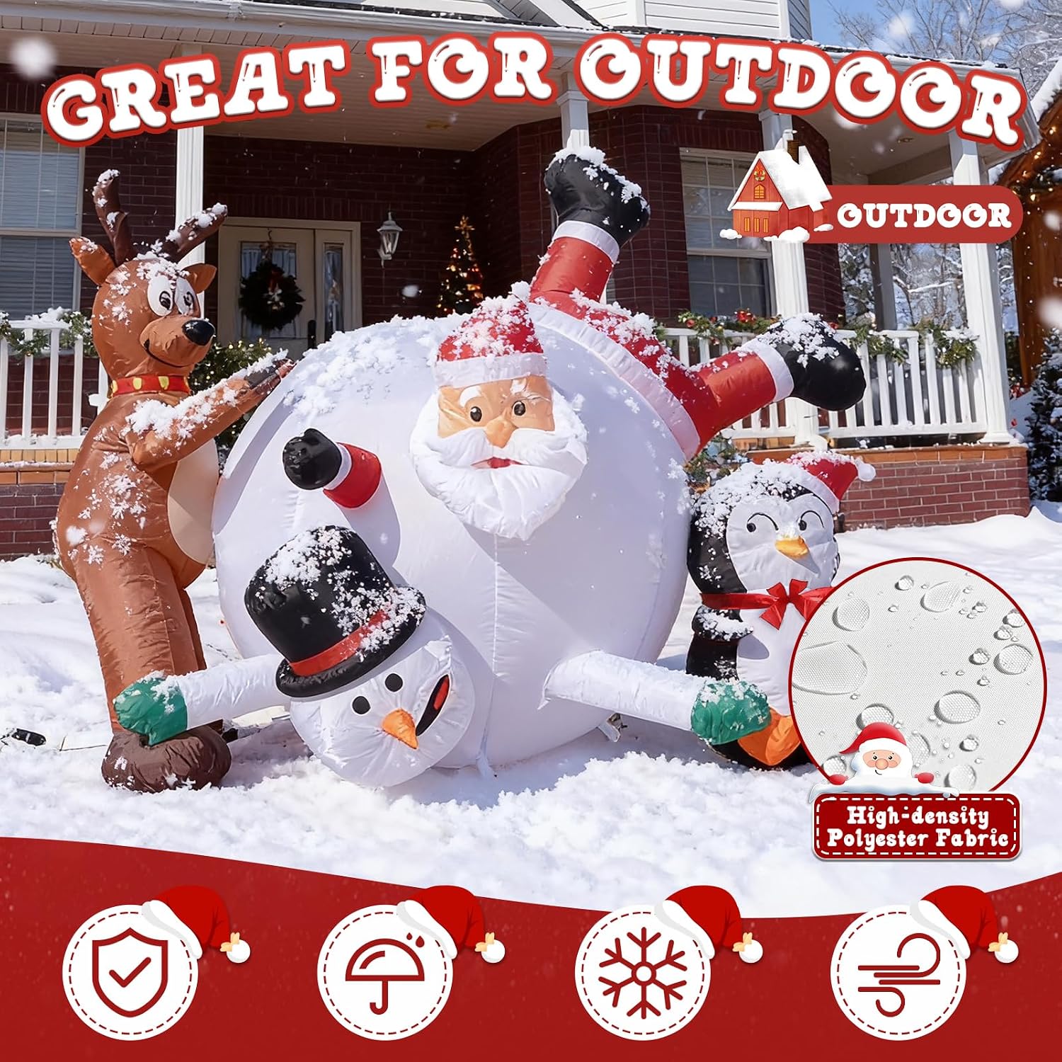 6FT Inflatable Santa Snowball Scene with LED Lights for Yard | Penguin reindeer snowman blow up decorations, Built-in