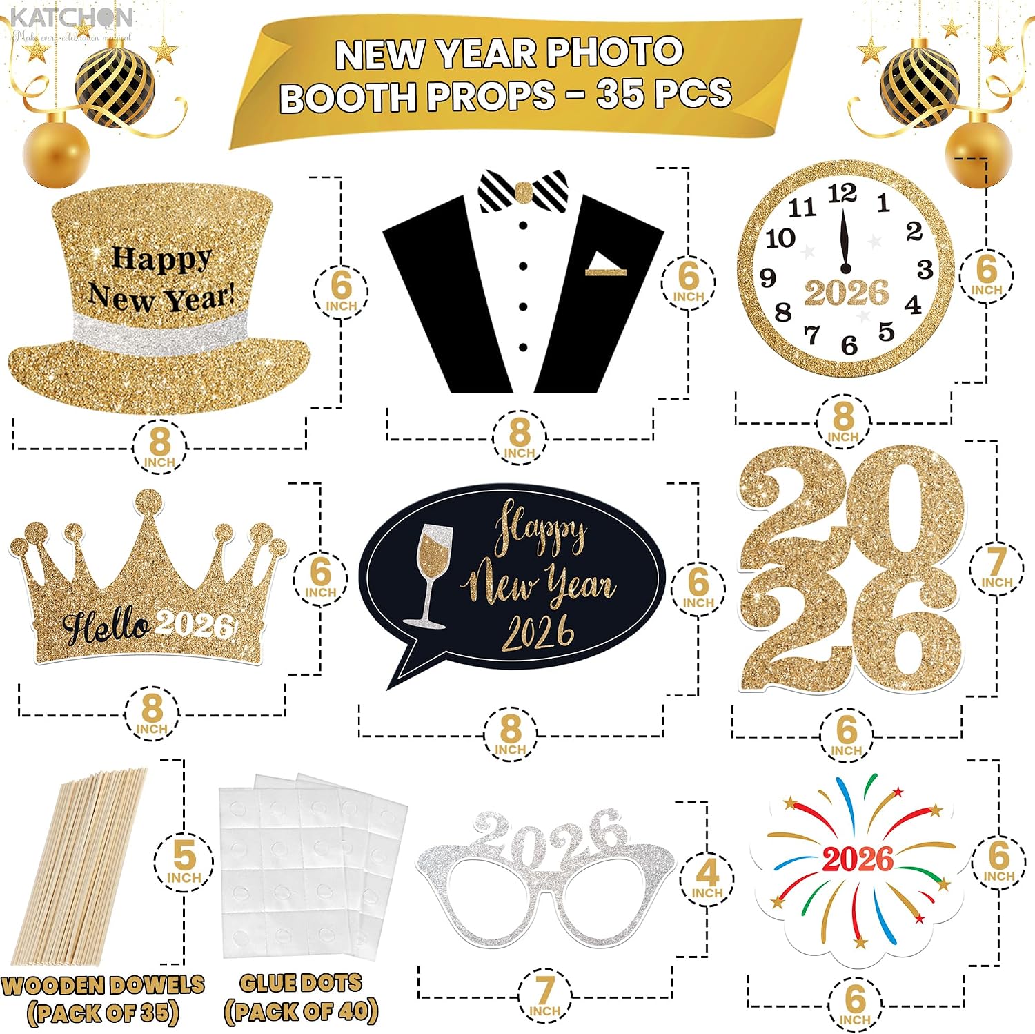 Glitter New Years Photo Booth Props, Pack of 35 | NYE Photo Booth Props for New Years Eve Party Supplies 2026, New