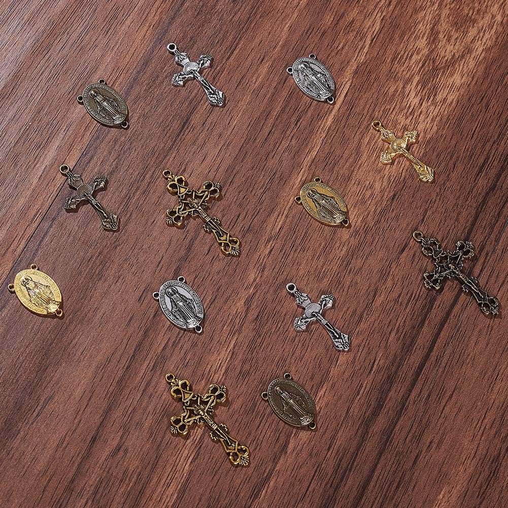 Tibetan Style Rosary Cross Charms and Center Miraculous Medal Easter Vintage Cross Crucifix Pendants Oval Chandelier