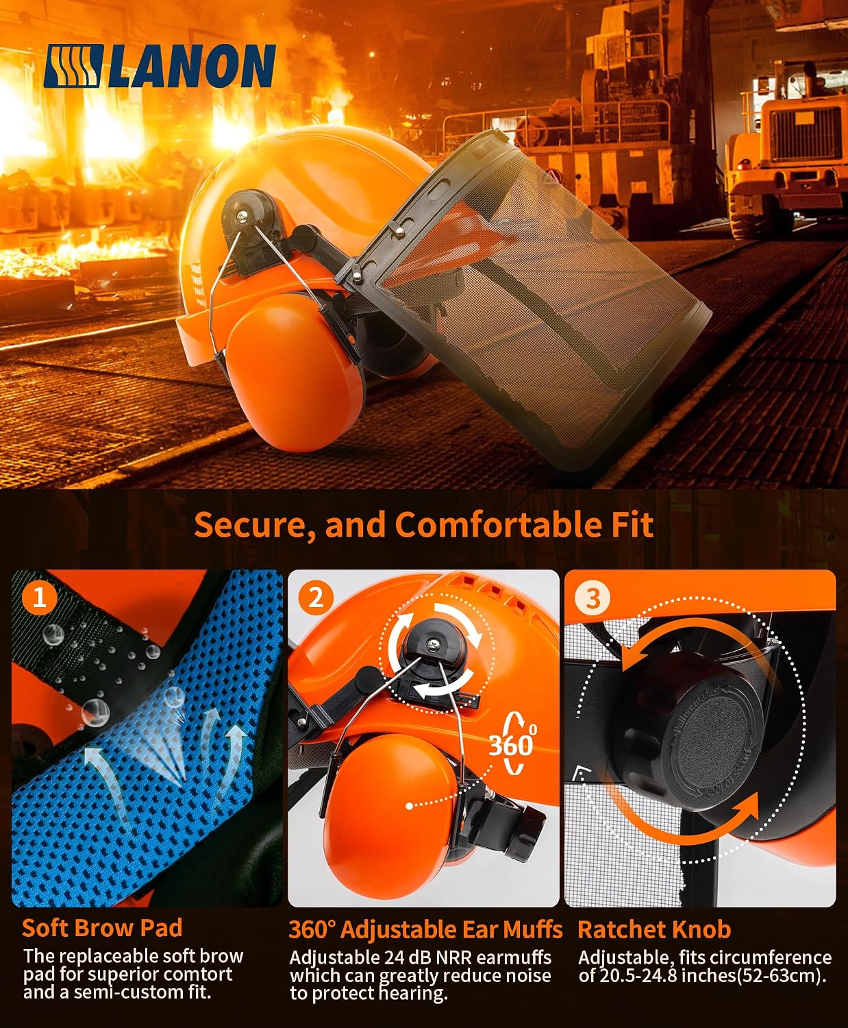 LANON Forestry Safety Helmet with Ear Muffs and Face Shield, Orange | ANSI Z89.1 Type I, Class C Hard Hat With