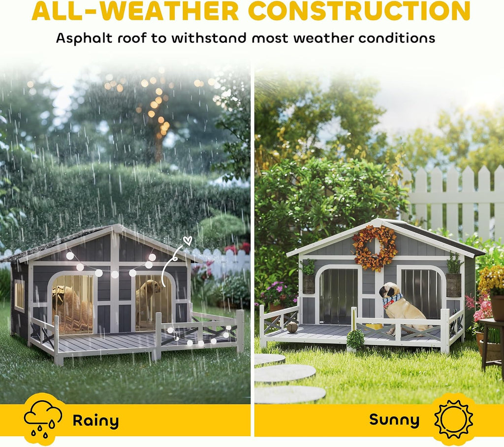 Dog House Outdoor, Wooden Dog Kennel Weatherproof with Porch, Openable Roof, Removable Bottom, Elevated Floor, Double