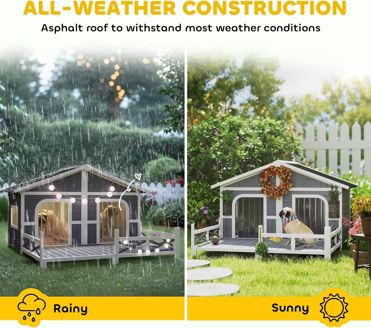 Dog House Outdoor, Wooden Dog Kennel Weatherproof with Porch, Openable Roof, Removable Bottom, Elevated Floor, Double