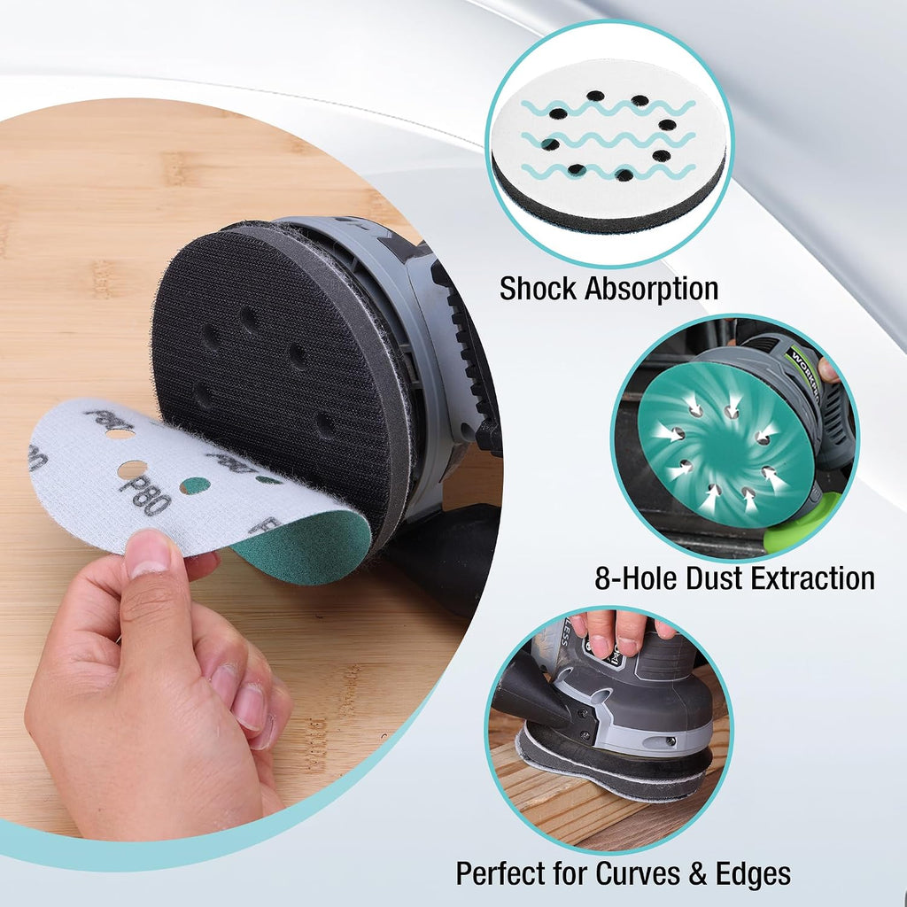 5 Inch Orbital Sander Interface Pads and Sanding Discs | 3 Foam Buffer Pads & 3 Grit Sandpaper (80/120/240), 8-Hole