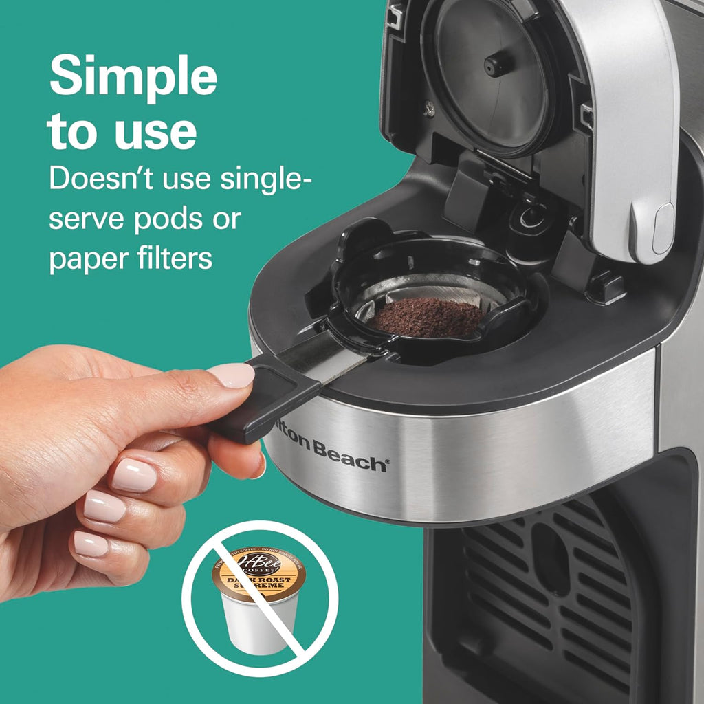 The Scoop Single Serve Coffee Maker & Fast Grounds Brewer for 8-14oz. Cups, Brews in Minutes, 40oz. Removable