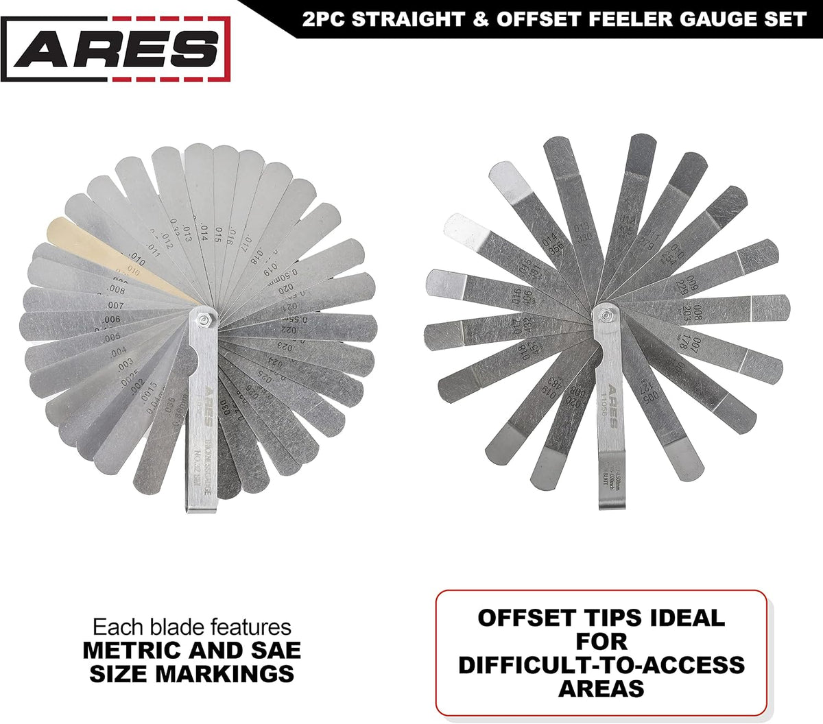 ARES 11043 2-Pc Feeler Gauge Set - Straight & Offset, SAE & Metric