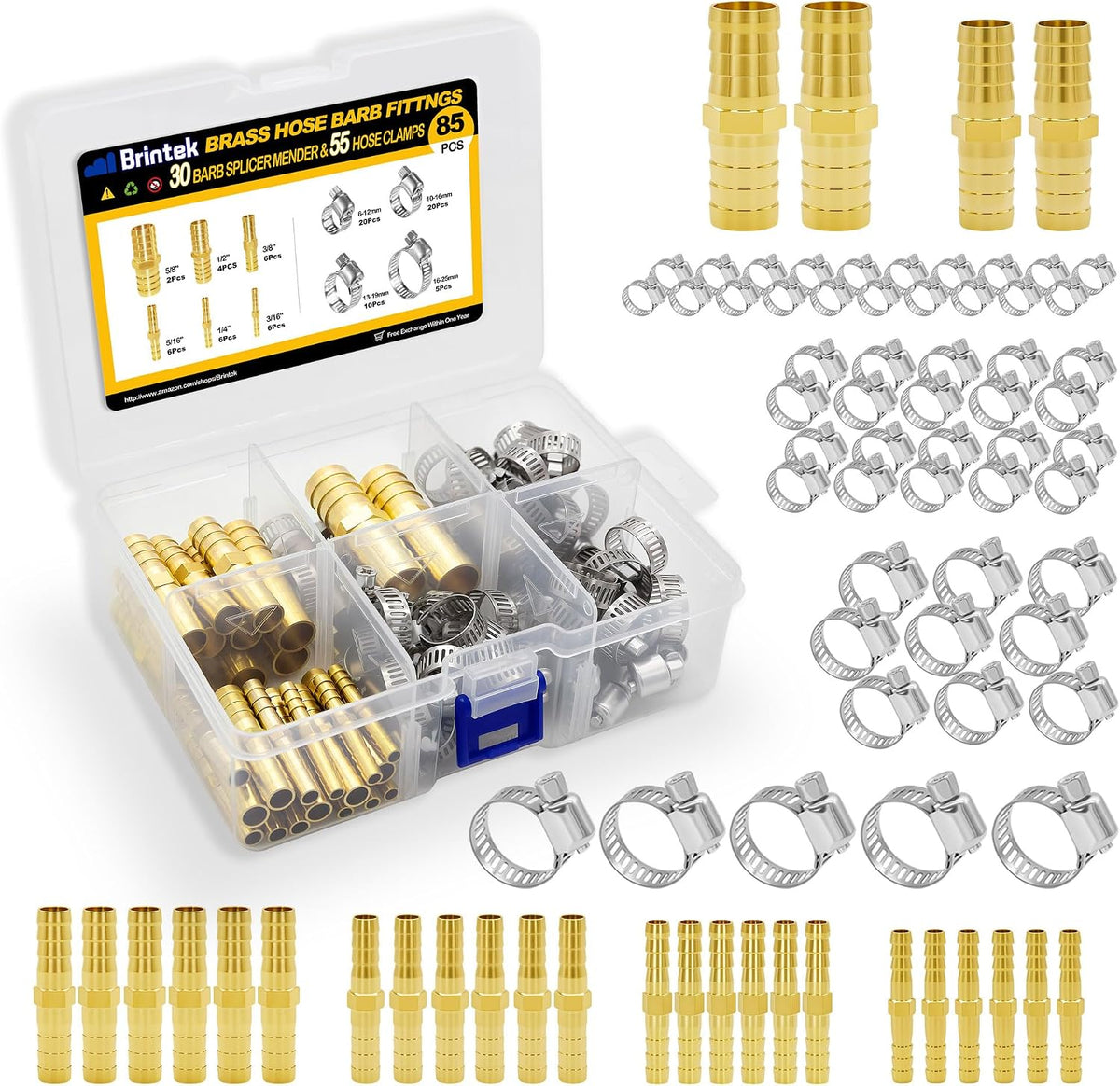 30PCS Brass Hose Barb 3/16” 1/4” 5/16” 3/8” 1/2” 5/8” Assortment