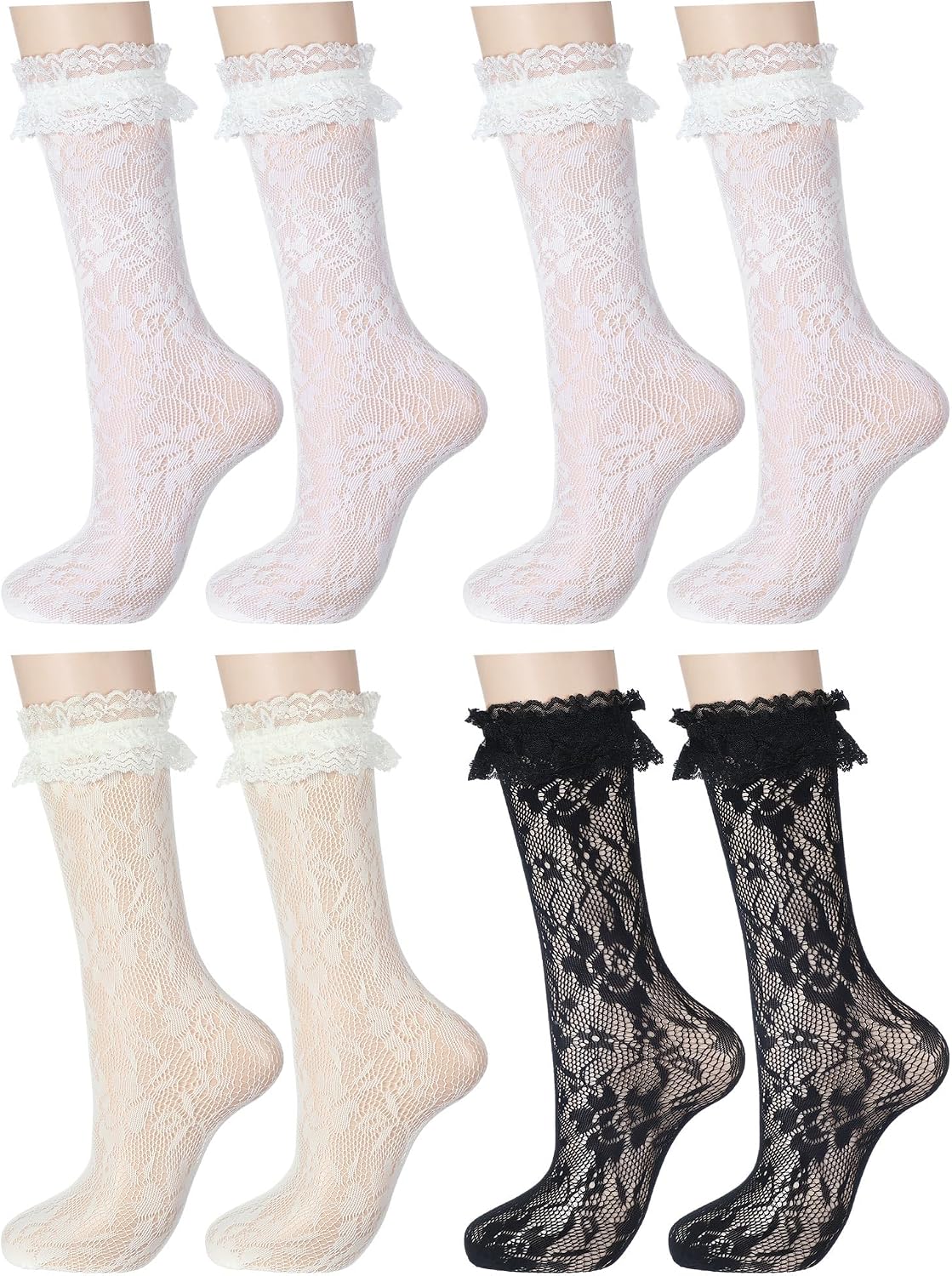 4 Pairs Little Girl Knee High Socks Kids Lace Long Socks with Ruffle Stocking for The First Communion 5-12 Years Old
