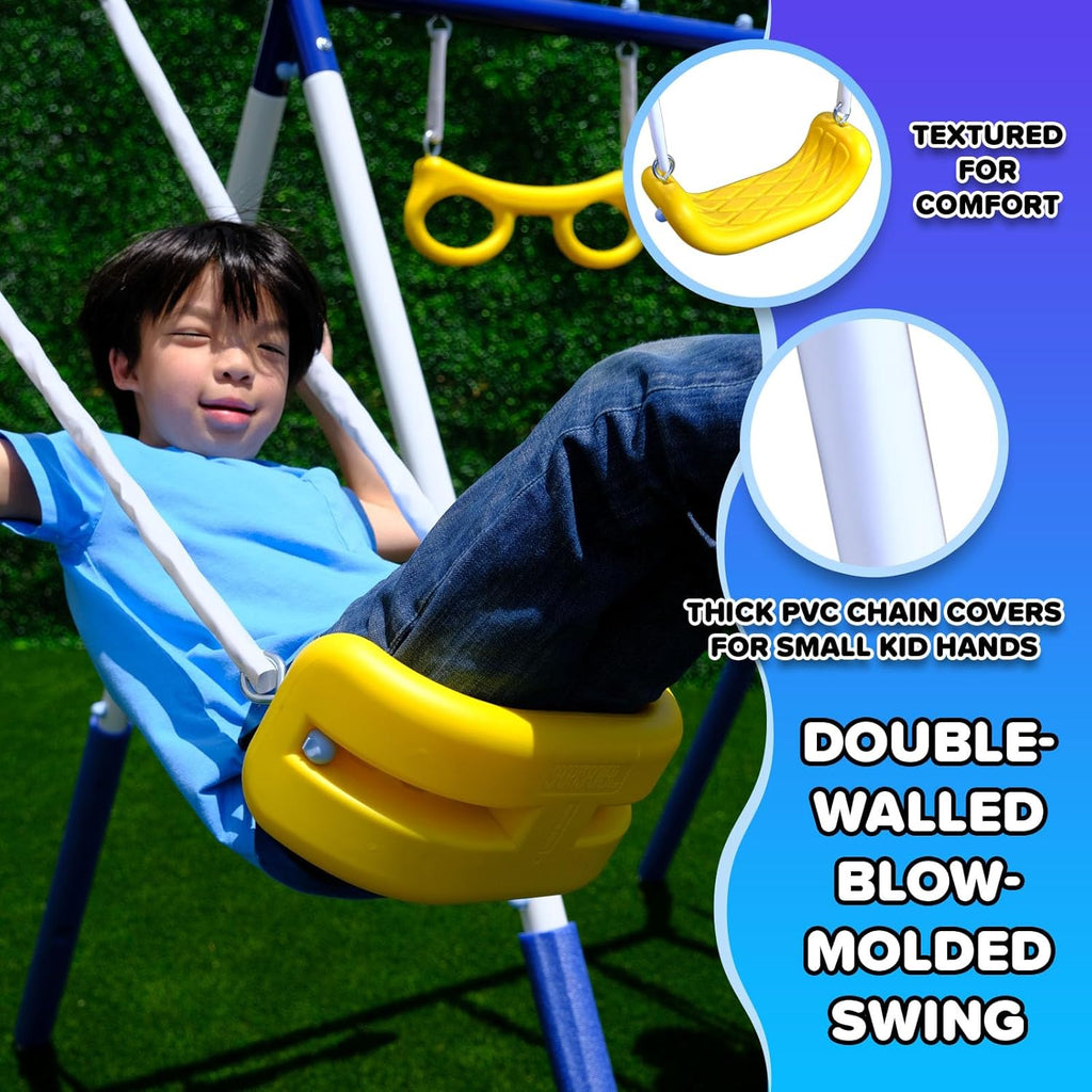 Super 9 Metal Swing Set for Outdoor Backyard Play: Teeter Totter, Glide Ride, Roman Glider, Standing Swing, Trapeze