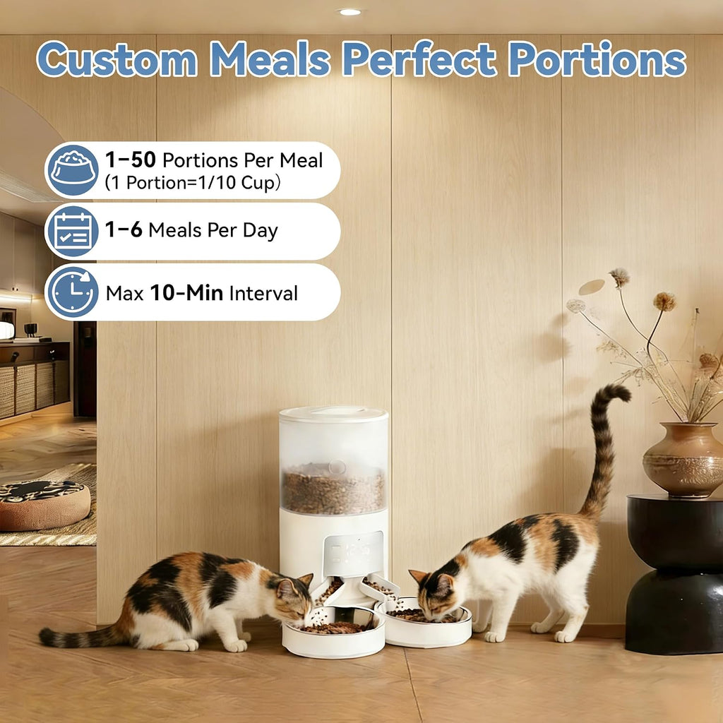 6L Automatic Cat Feeder for 2 Cats, Timed Cat Food Dispenser with 2 Stainless Bowls, 10s Voice Recorder, Dual Power