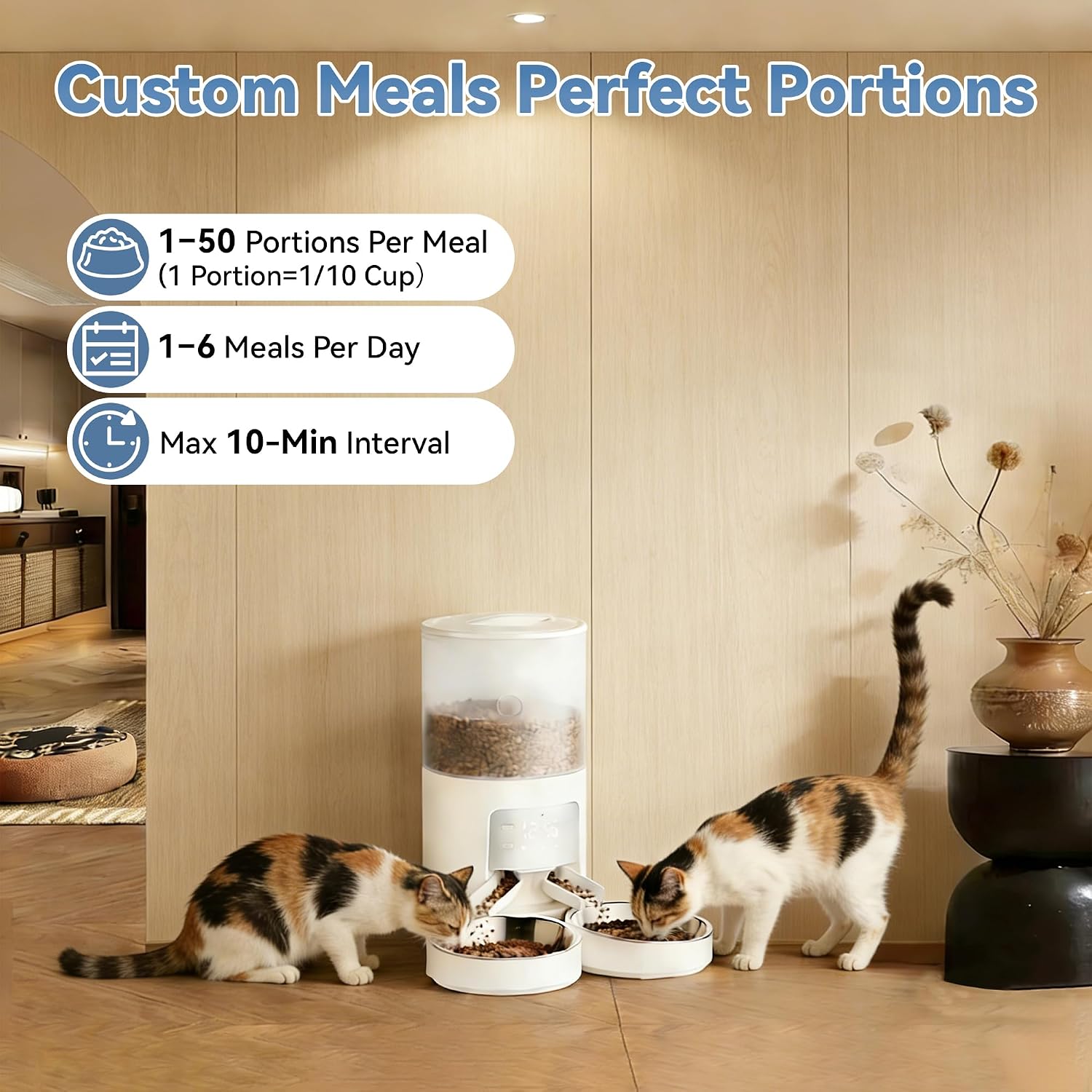 6L Automatic Cat Feeder for 2 Cats, Timed Cat Food Dispenser with 2 Stainless Bowls, 10s Voice Recorder, Dual Power