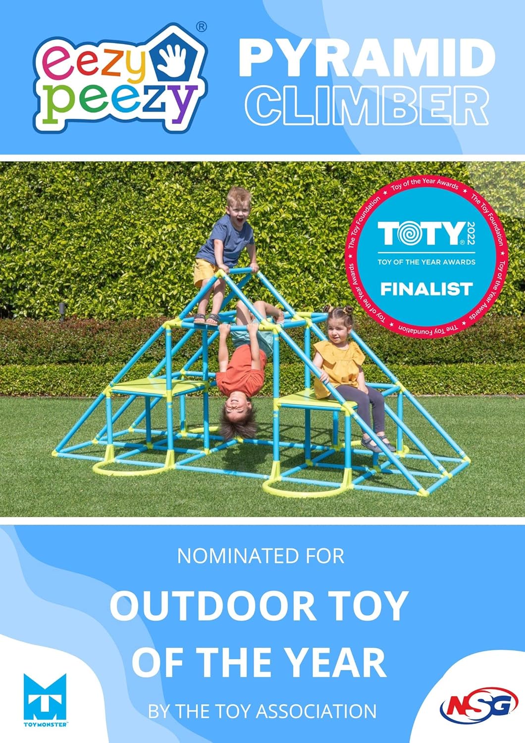 Mega Pyramid Monkey Bars Climbing Tower Active Outdoor Fun for Kids Ages 3 to 8 Years Old, Blue/Green