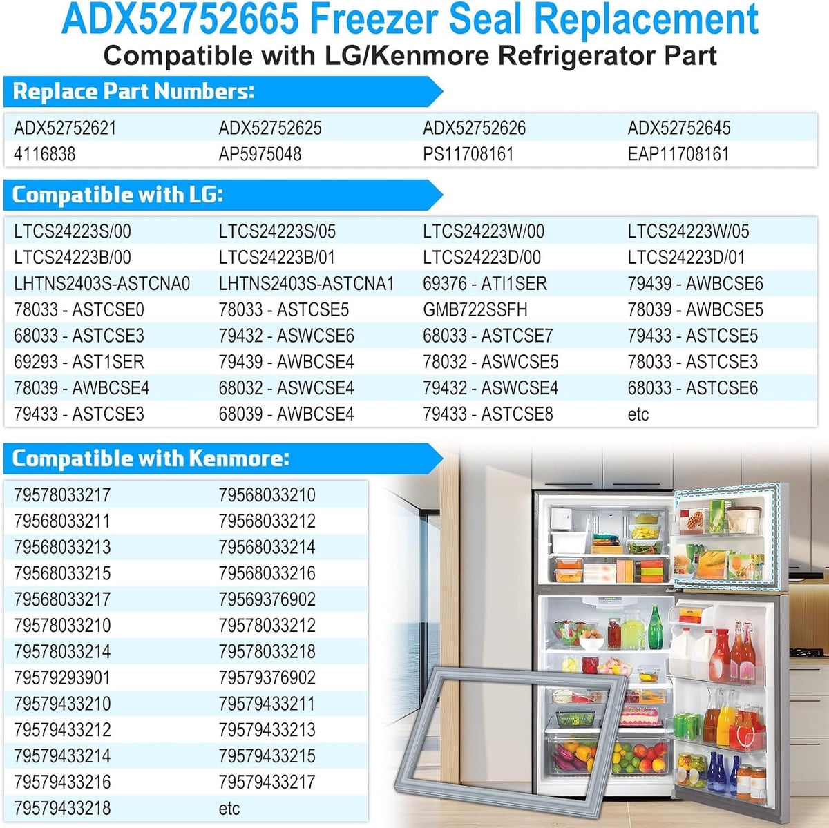 Upgraded ADX52752665 Freezer Door Gasket Seal Compatible with LG Refrigerator Door Gasket ADX52752625 ADX52752626 ADX52752645 Freezer Seal Replacement Fridge Seal for Kenmore Refrigerator Door Gasket