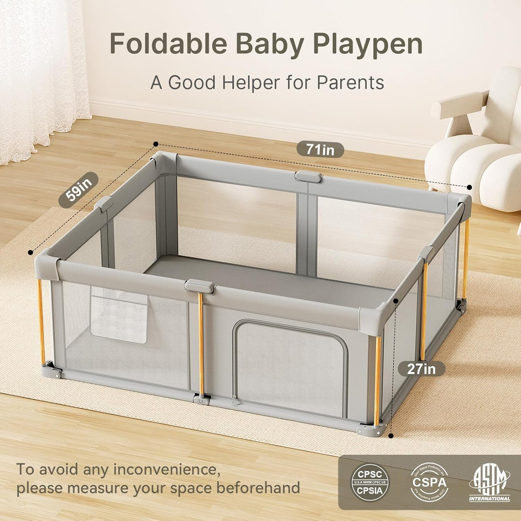 Foldable Baby Playpen with Mat, 71x59 Foldable Play Pen for Babies and Toddlers, Baby Playpen with Portable Design