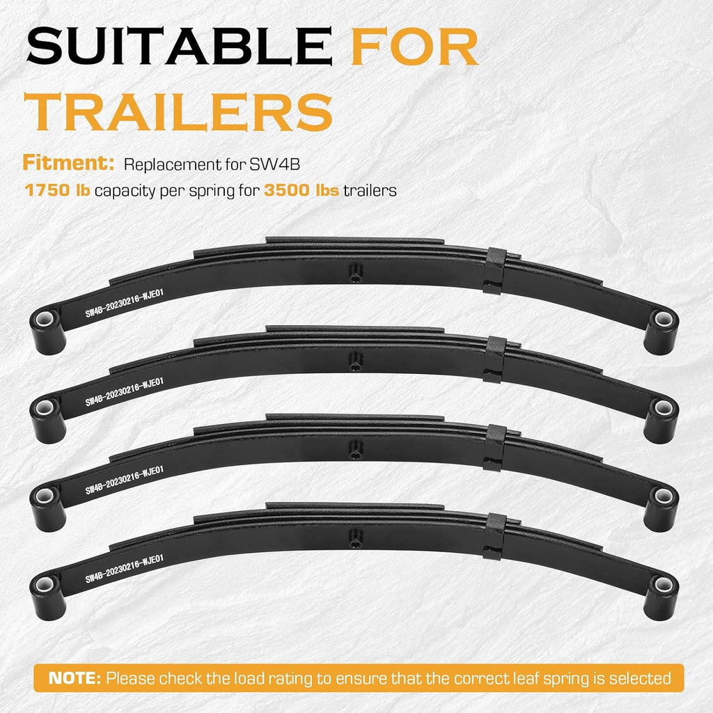 Tandem Trailer Leaf Spring 4 Leaf Double Eye 1750 lbs Cap for 3500 lbs Axle Suspension, Hanger & U-Bolt kit 25-1/4"