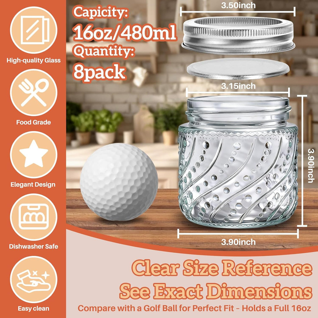 16oz Wide Mouth Mason Jars with Silver Lids and Bands, 8 Pack