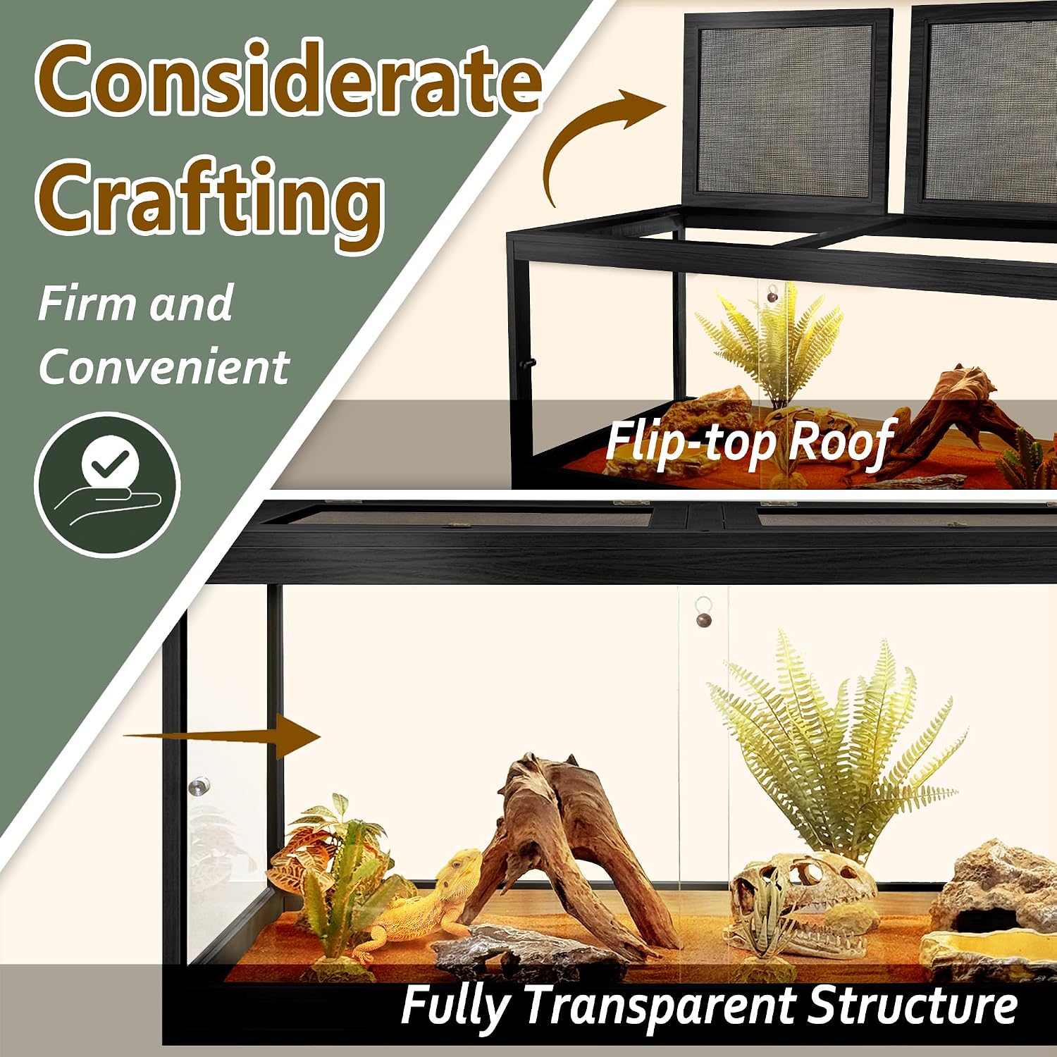 Bearded Dragon Tank 34 Gallon, Tempered Glass Reptile Tank with Meatl Mesh Roof and Front Sliding Door, Anti-Scratch