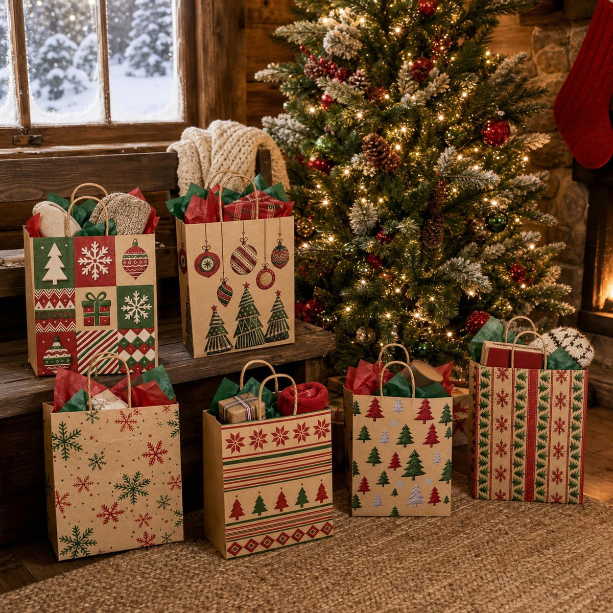 24 Pack Christmas Gift Bags with Handles, 9.1 In