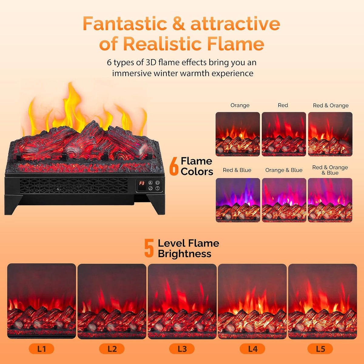 23 Inch Electric Fireplace Insert Log with Remote & Timer, 1400W Recessed Stove Heater with Overheat Protection, 6
