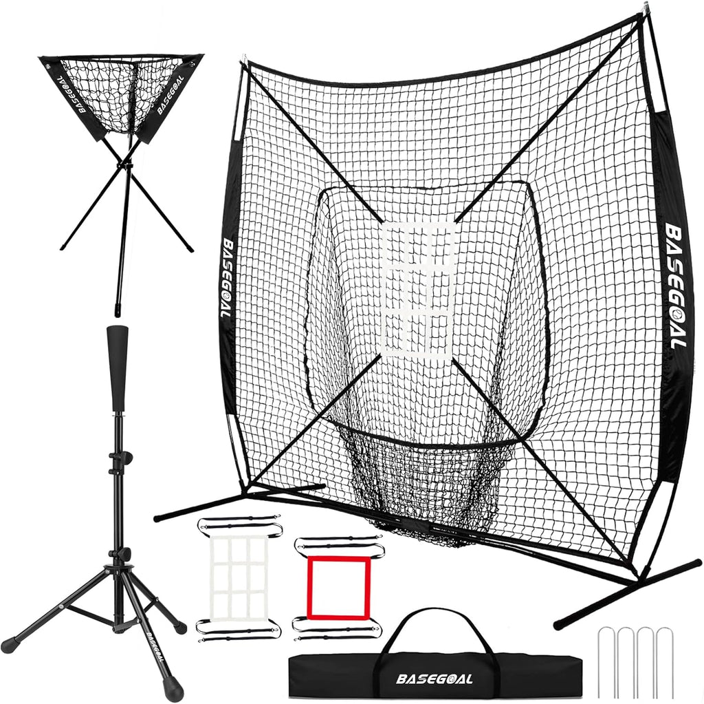 7x7ft Baseball Practice Net with Batting Tee,Caddy and Strike Zone | Baseball backstop net with 7-strand knotless