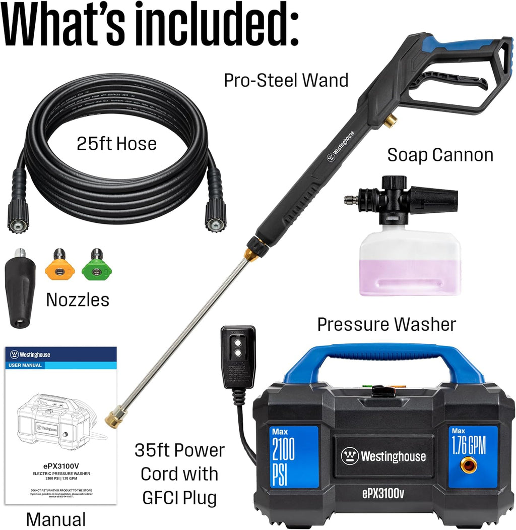 ePX3100v Electric Pressure Washer, 2100 Max PSI 1.76 Max GPM, Built-in Carry Handle, Detachable Foam Cannon