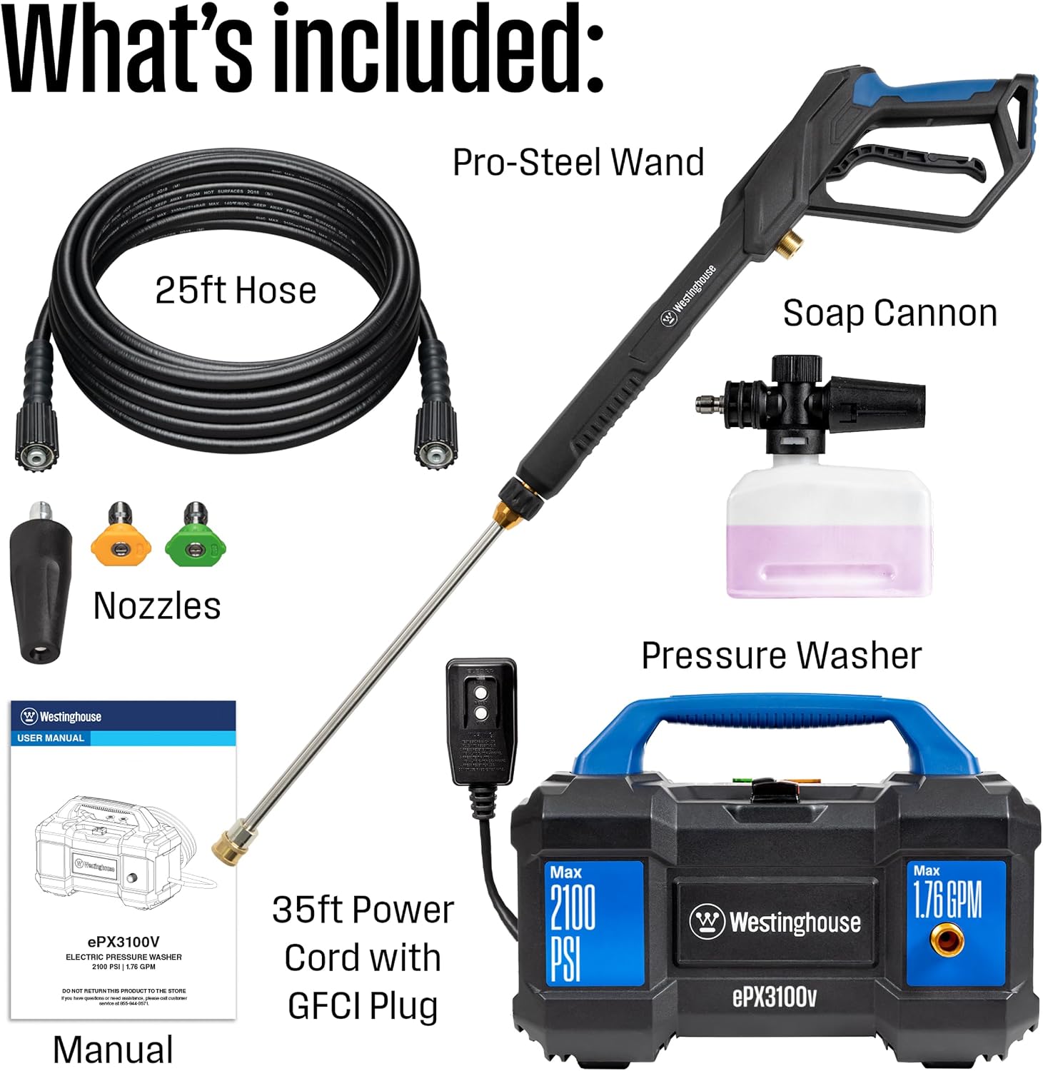 ePX3100v Electric Pressure Washer, 2100 Max PSI 1.76 Max GPM, Built-in Carry Handle, Detachable Foam Cannon