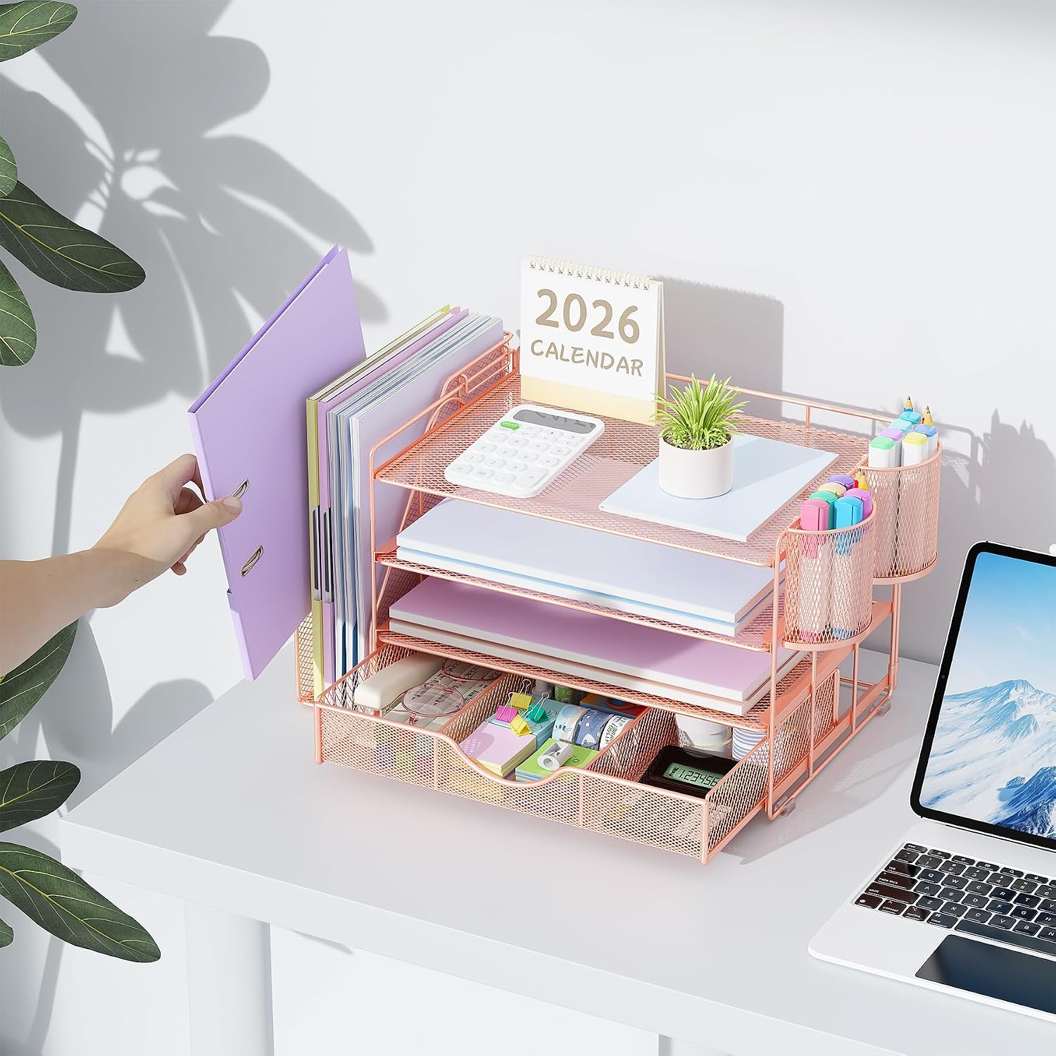 Desk Organizers and Accessories with File Holder, 4-Tier Desk Accessories & Workspace Organizers with Drawer and 2