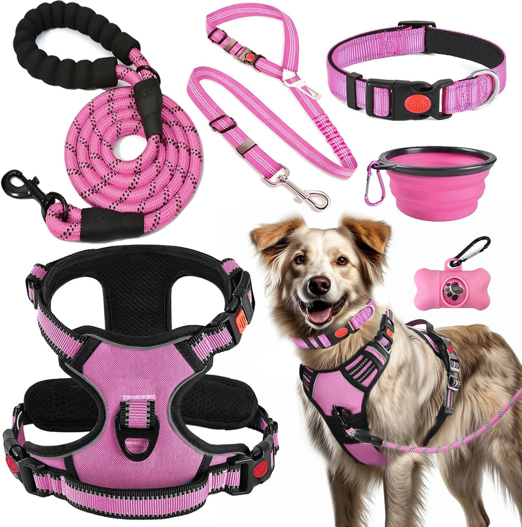 No Pull Dog Harness, Collar & Leash Set | Includes Dog Seat Belt, Collapsible Bowls & Poop Bag Dispenser. Ideal for