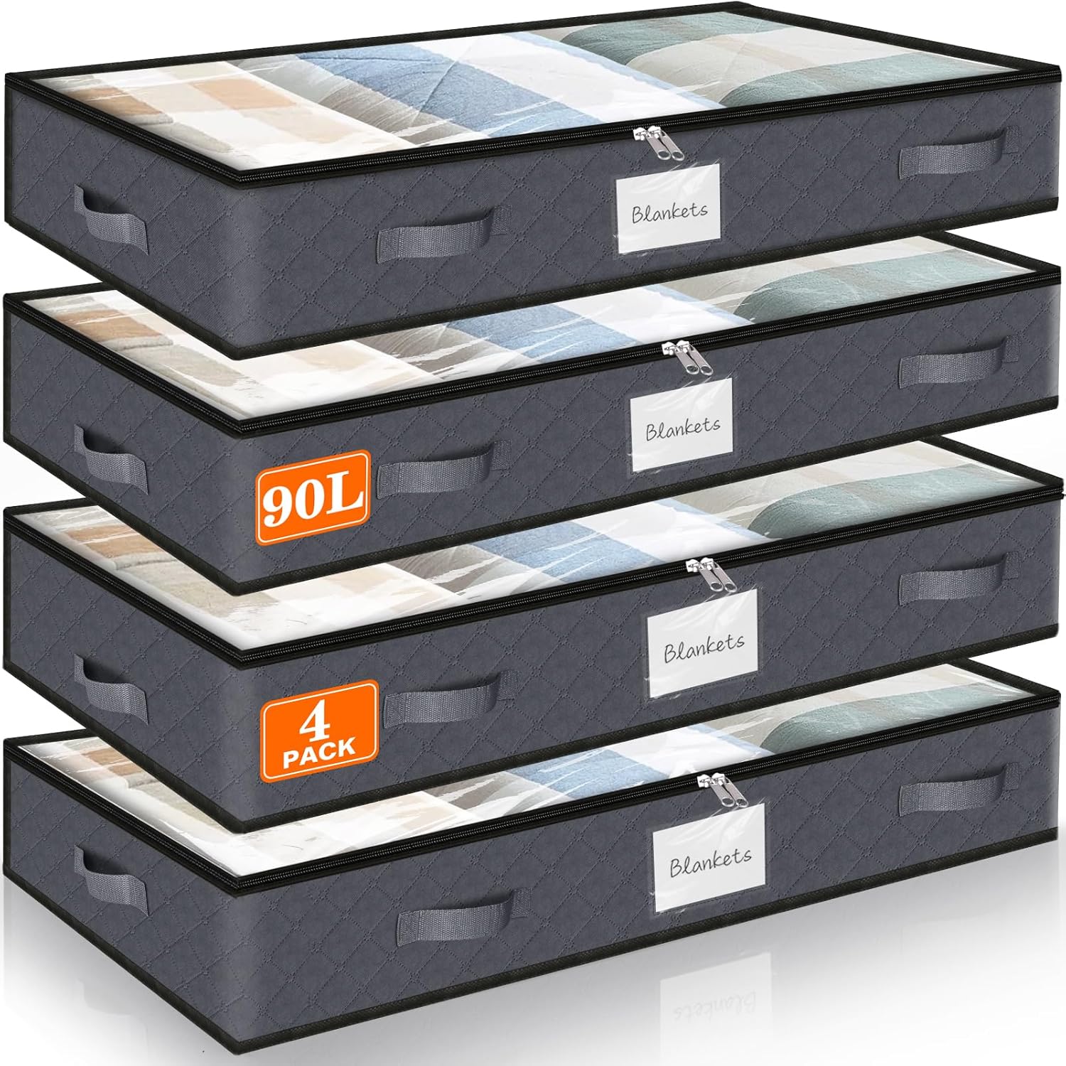 90L Under Bed Storage Containers, 4-Pack Storage Bins with Clear Top, Foldable Closet Organizers and Storage with