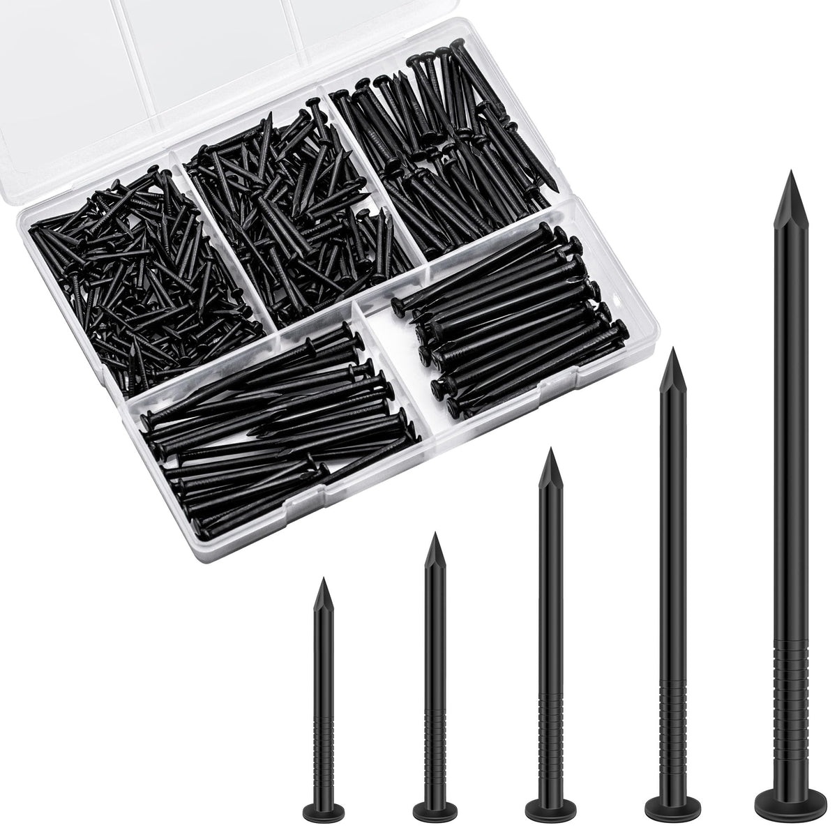 490 PCS 5 Sizes Black Hardware Nails Assortment Kit, Flat Nails, Wood Nails, Wall Nails, Common Nails