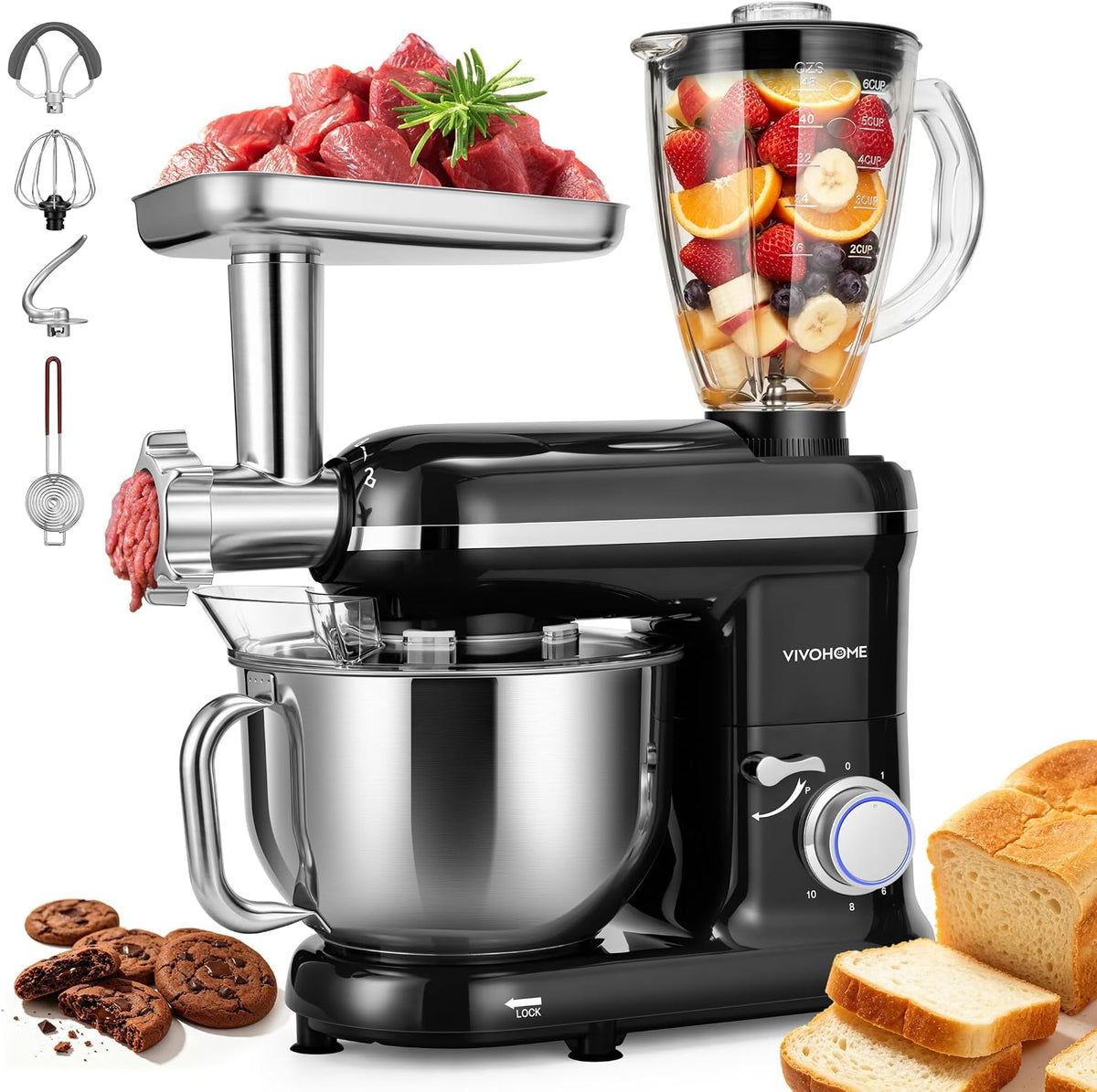 3-in-1 Stand Mixer, 6-Quart Tilt-Head Mixer, 10 Speeds, Black