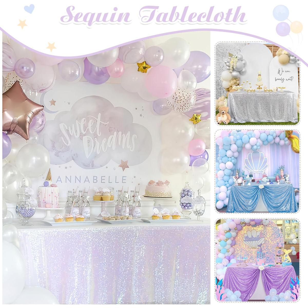 50x102 Inches Sequin Tablecloth Sparkle Iridescent Rectangle Table
