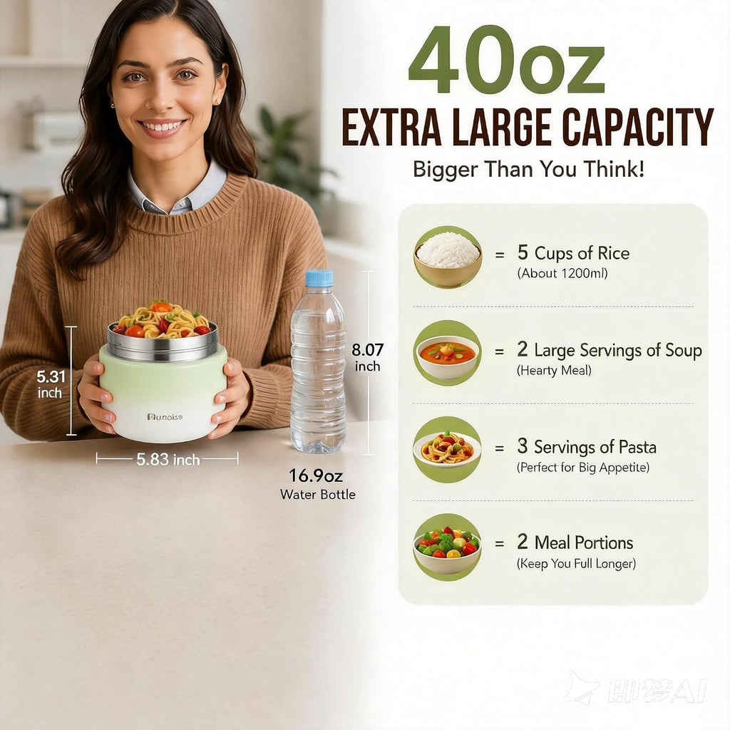 40 oz Insulated Food Jar, Dual Compartments, 8-Hour Heat Retention | Leakproof silicone-sealed lid, wide mouth
