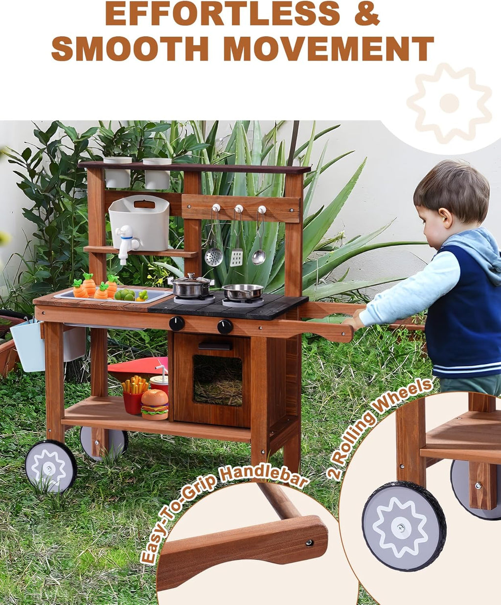 Mud Kitchen for Kids Outdoor with Wheels, Fun Wooden Kid Kitchen Playset for Backyard Pretend Cooking, Outdoor Sink &
