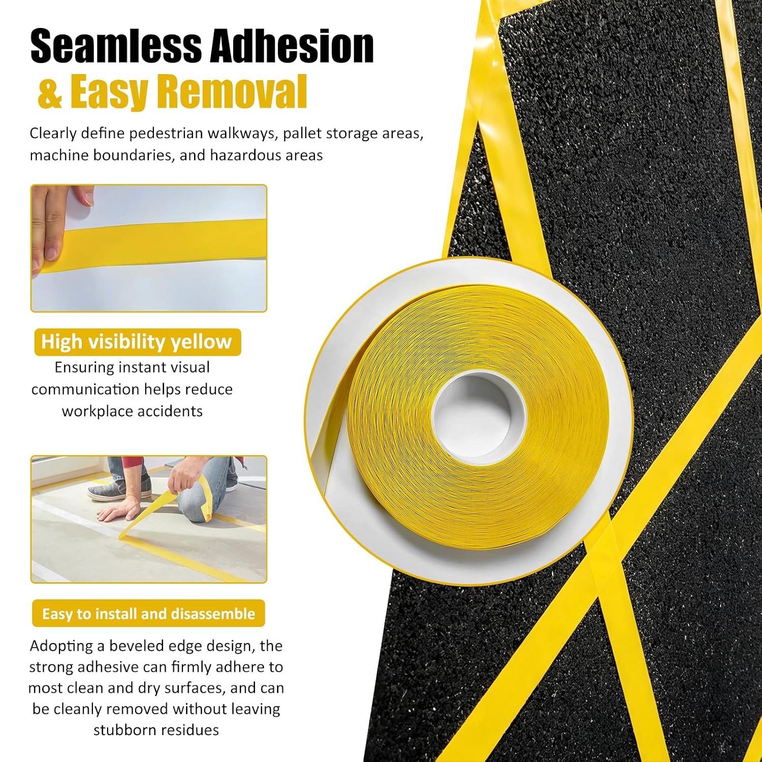 Yellow Floor Marking Tape，1.1mm Thick x 100 ft Long x 2 in Wide，Heavy Duty PVC Safety Tape for Warehouses, Storage &