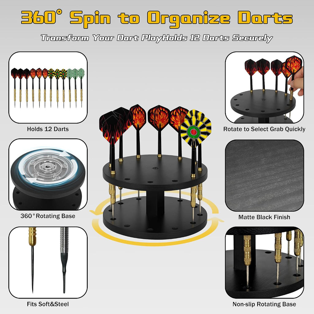 360 Rotating Wooden Dart Holder Stand – Compact Desk Organizer Holds 12 Steel or Soft Tip Darts for Easy Storage and