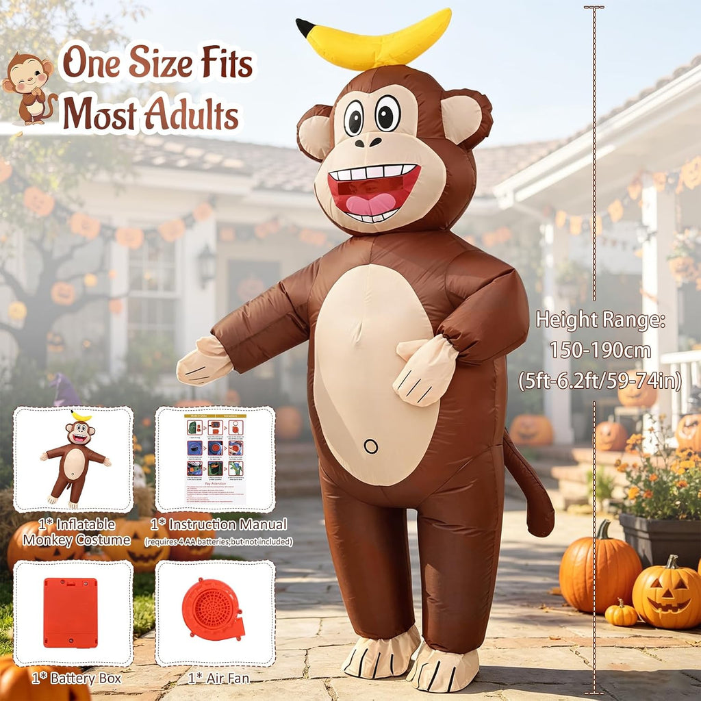 Inflatable Monkey Costume Adult, Blow Up Costume for Halloween | Fits 5' to 6'2", Full Body Inflatable Halloween
